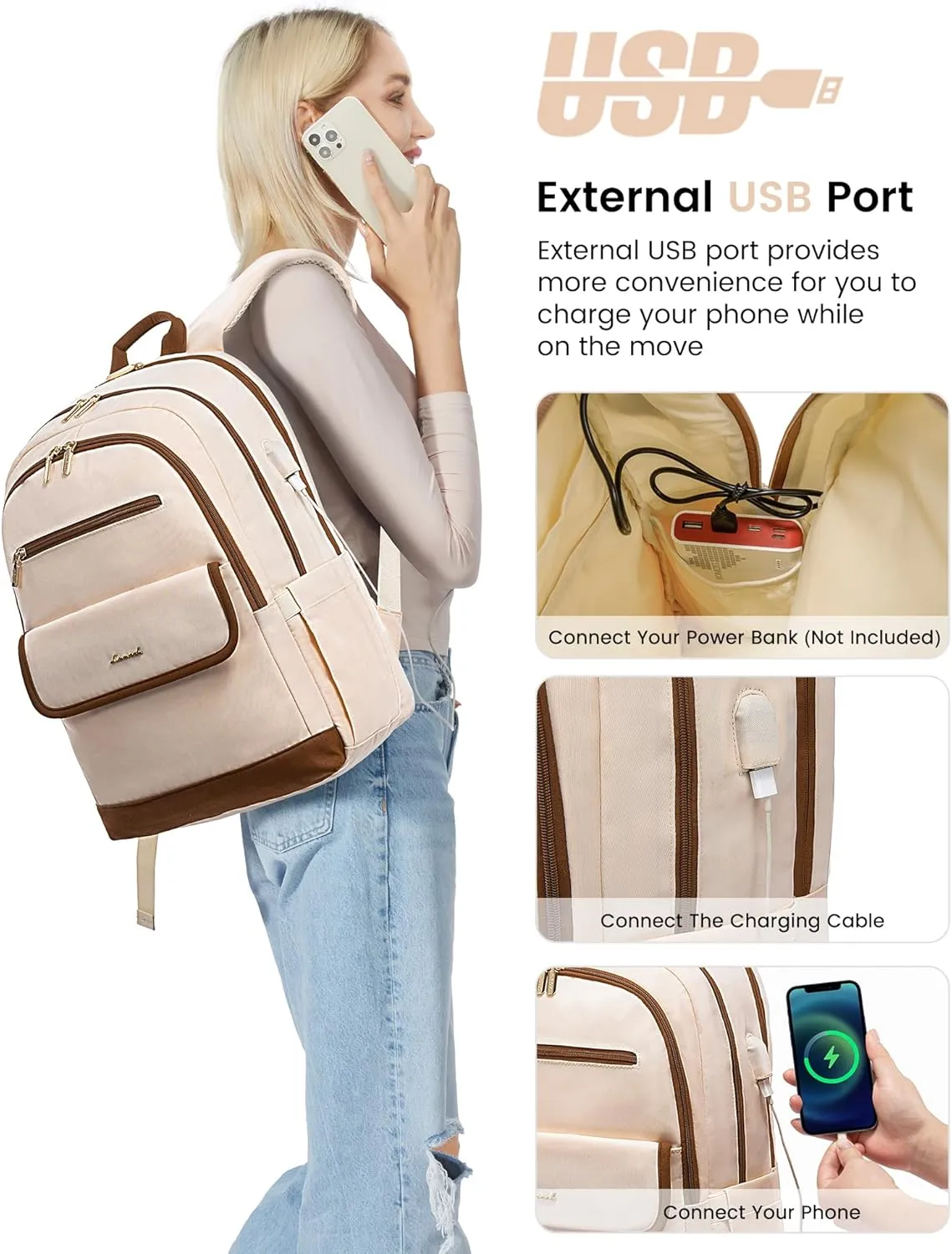 LOVEVOOK Laptop Backpack for Women,15.6 Inch Fashion Travel Backpack,Large Capacity Backpack Purse with USB,Water-resistant fits College Work Business Travel （Beige）