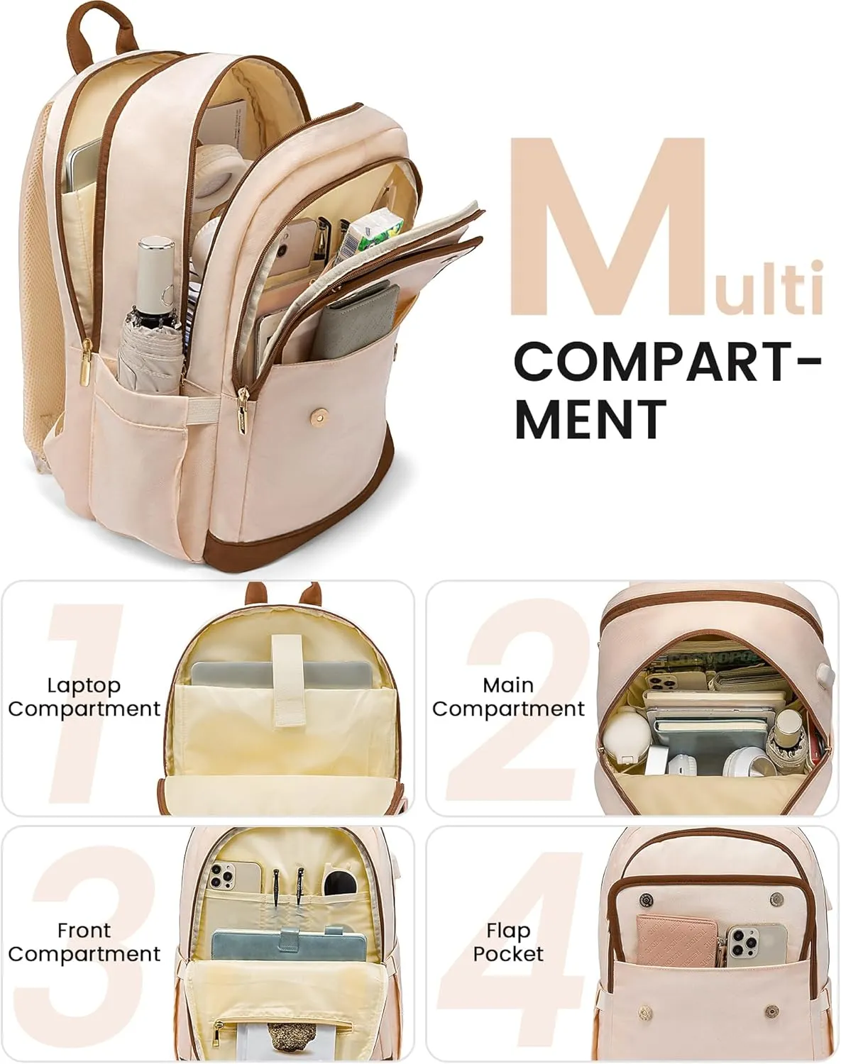 LOVEVOOK Laptop Backpack for Women,15.6 Inch Fashion Travel Backpack,Large Capacity Backpack Purse with USB,Water-resistant fits College Work Business Travel （Beige）