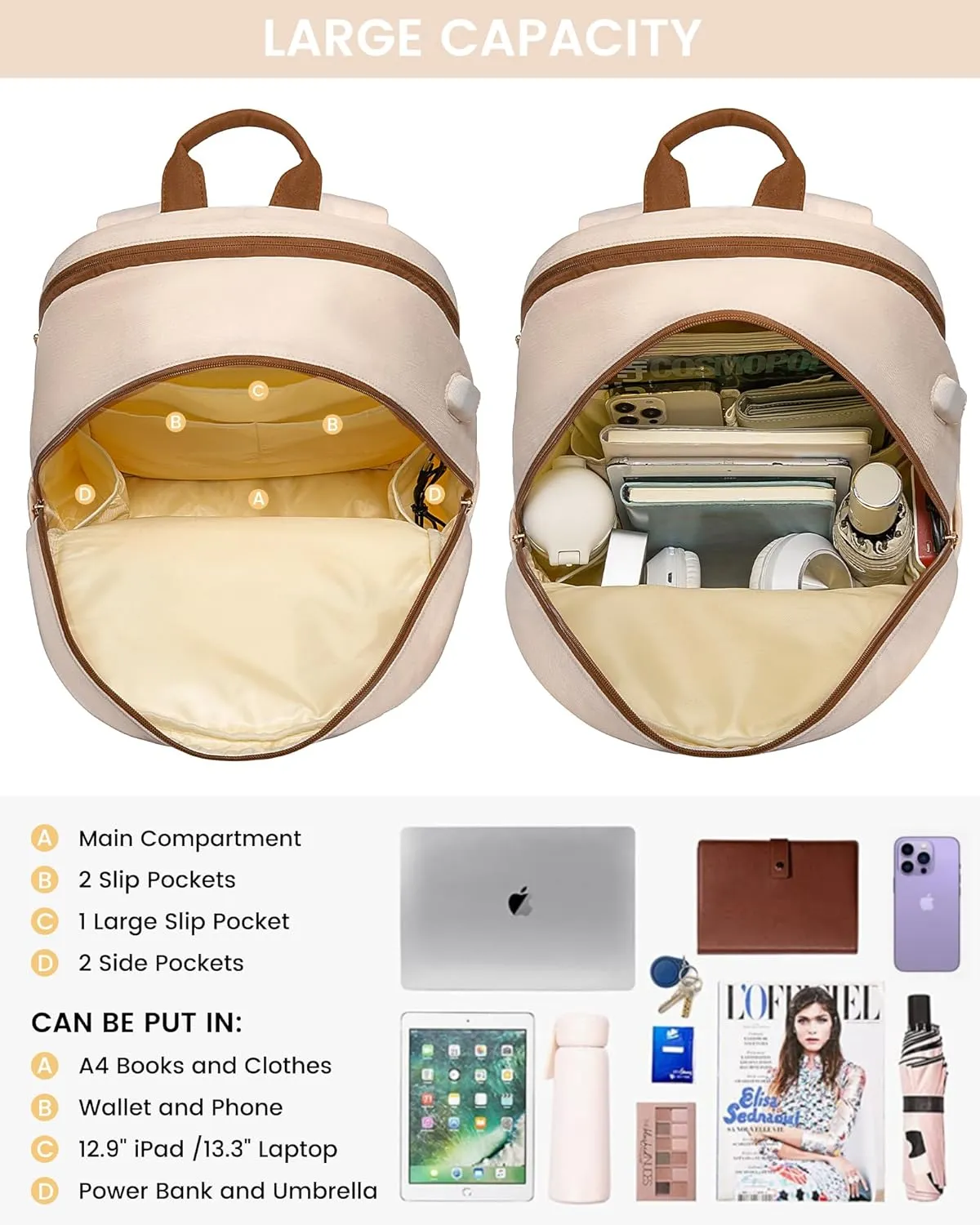 LOVEVOOK Laptop Backpack for Women,15.6 Inch Fashion Travel Backpack,Large Capacity Backpack Purse with USB,Water-resistant fits College Work Business Travel （Beige）