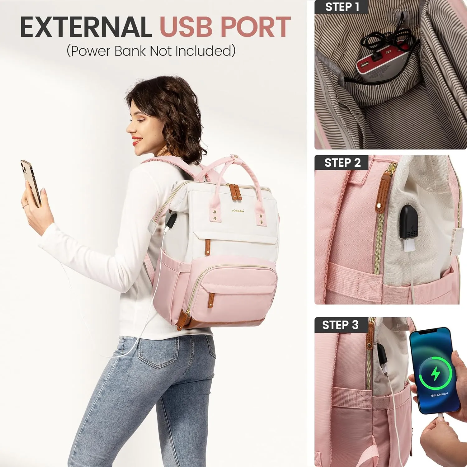 LOVEVOOK Laptop Backpack Purse for Women Men, Nurse Work Business Travel Backpack Bag, Wide Open Backpack, Lightweight Water Resistent Daypack with USB Charging Port, 15.6 inch, Beige-Pink-Brown
