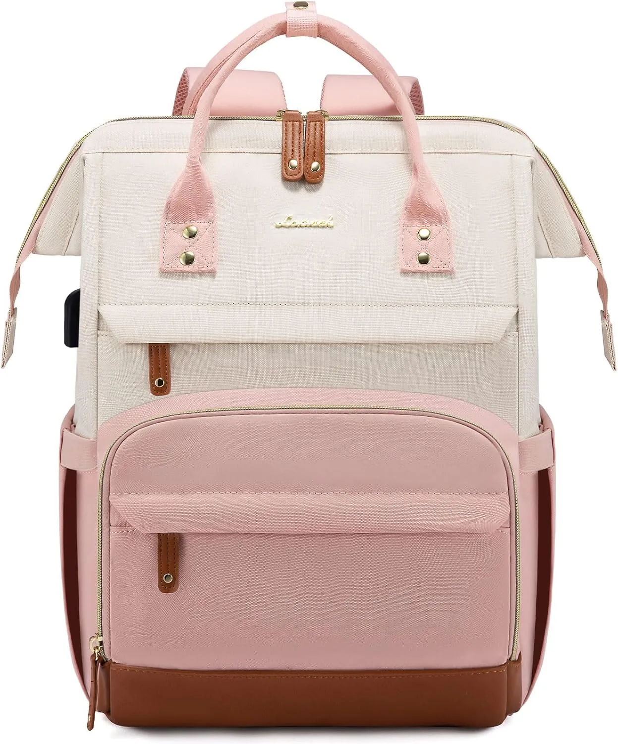 LOVEVOOK Laptop Backpack Purse for Women Men, Nurse Work Business Travel Backpack Bag, Wide Open Backpack, Lightweight Water Resistent Daypack with USB Charging Port, 15.6 inch, Beige-Pink-Brown