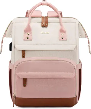LOVEVOOK Laptop Backpack Purse for Women Men, Nurse Work Business Travel Backpack Bag, Wide Open Backpack, Lightweight Water Resistent Daypack with USB Charging Port, 15.6 inch, Beige-Pink-Brown