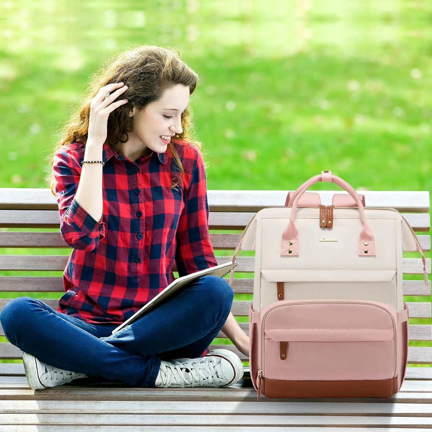 LOVEVOOK Laptop Backpack Purse for Women Men, Nurse Work Business Travel Backpack Bag, Wide Open Backpack, Lightweight Water Resistent Daypack with USB Charging Port, 15.6 inch, Beige-Pink-Brown