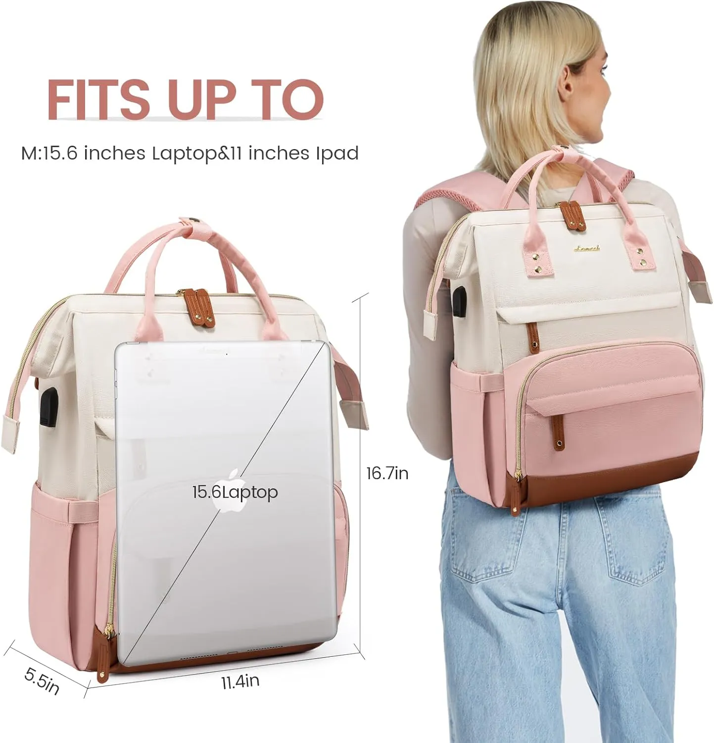 LOVEVOOK Laptop Backpack Purse for Women Men, Nurse Work Business Travel Backpack Bag, Wide Open Backpack, Lightweight Water Resistent Daypack with USB Charging Port, 15.6 inch, Beige-Pink-Brown