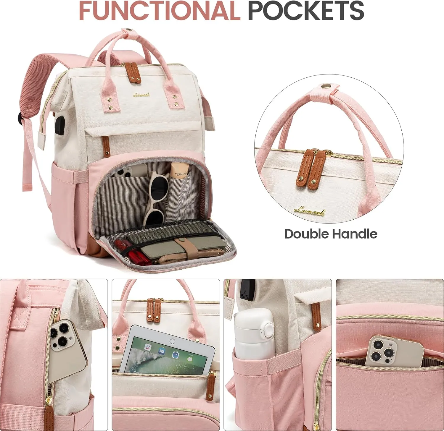 LOVEVOOK Laptop Backpack Purse for Women Men, Nurse Work Business Travel Backpack Bag, Wide Open Backpack, Lightweight Water Resistent Daypack with USB Charging Port, 15.6 inch, Beige-Pink-Brown