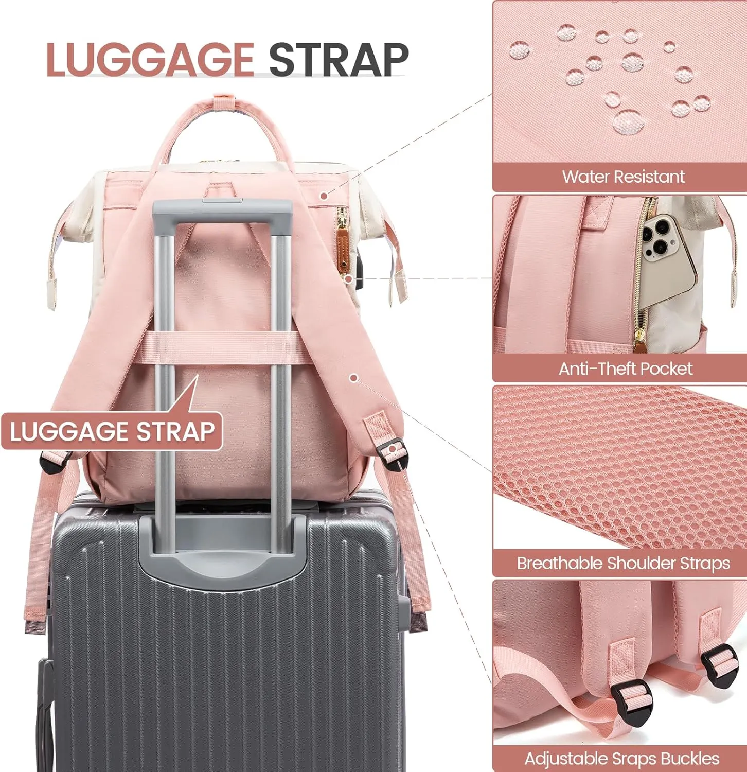 LOVEVOOK Laptop Backpack Purse for Women Men, Nurse Work Business Travel Backpack Bag, Wide Open Backpack, Lightweight Water Resistent Daypack with USB Charging Port, 15.6 inch, Beige-Pink-Brown