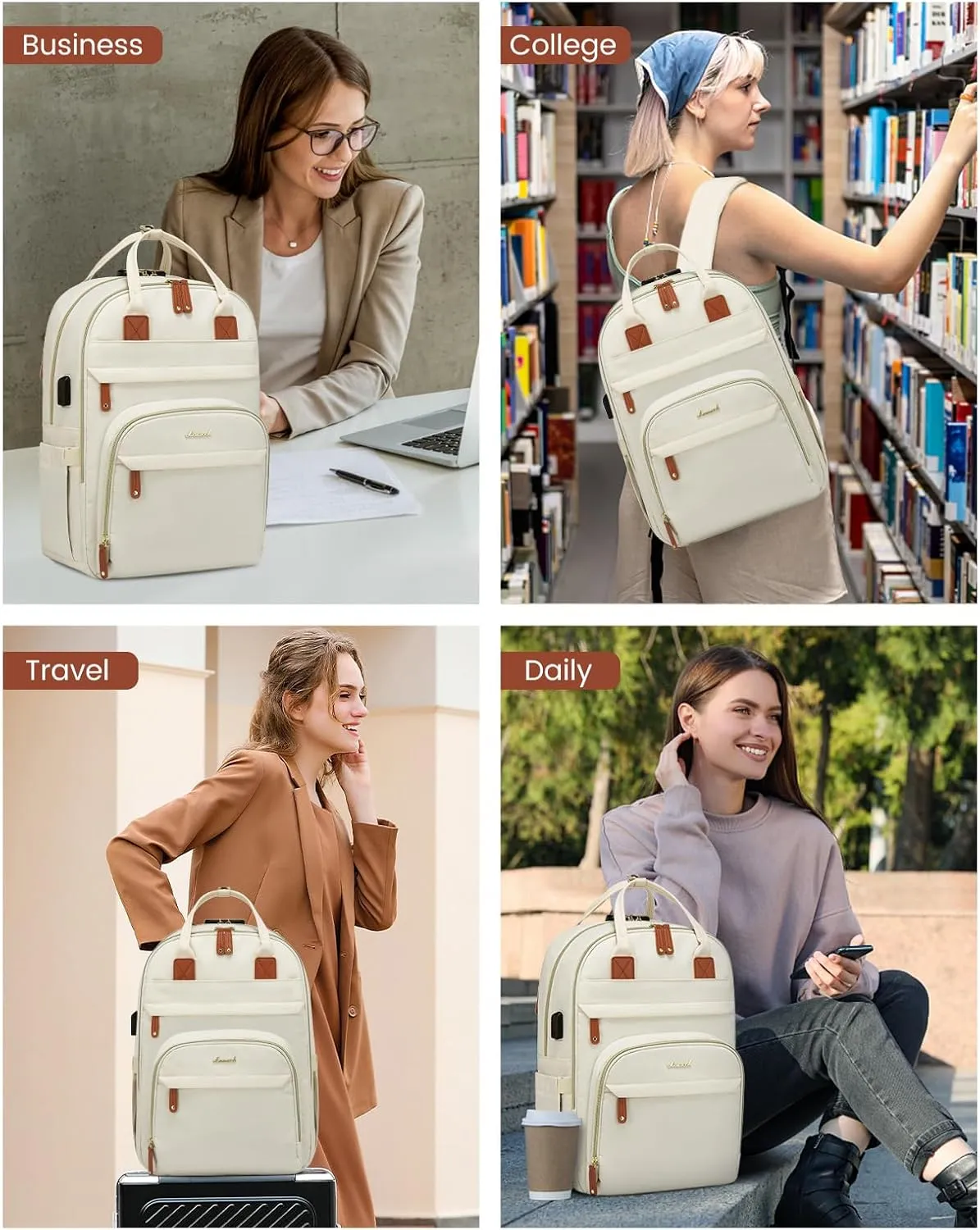 LOVEVOOK Laptop Backpack Purse for Women, Travel Anti-theft Work Bags with Lock, Business Computer Bag College backpack for Men, Casual Hiking Daypack, Fits 15.6 Inch Laptop, Beige