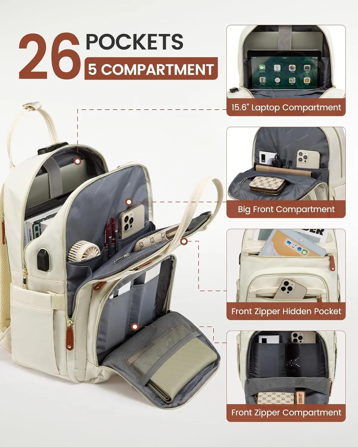 LOVEVOOK Laptop Backpack Purse for Women, Travel Anti-theft Work Bags with Lock, Business Computer Bag College backpack for Men, Casual Hiking Daypack, Fits 15.6 Inch Laptop, Beige
