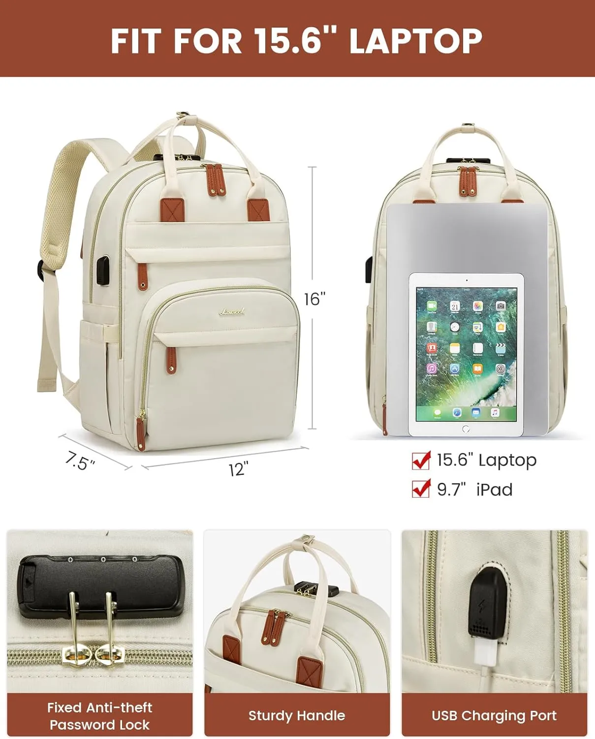 LOVEVOOK Laptop Backpack Purse for Women, Travel Anti-theft Work Bags with Lock, Business Computer Bag College backpack for Men, Casual Hiking Daypack, Fits 15.6 Inch Laptop, Beige