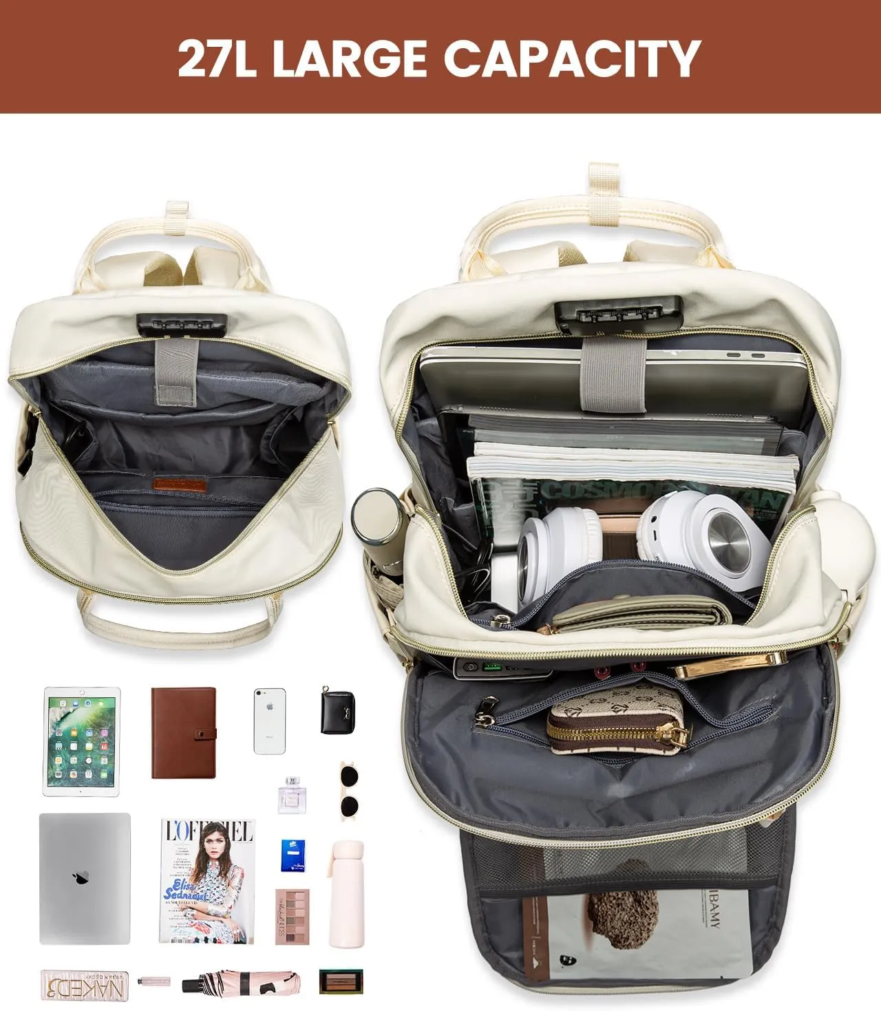 LOVEVOOK Laptop Backpack Purse for Women, Travel Anti-theft Work Bags with Lock, Business Computer Bag College backpack for Men, Casual Hiking Daypack, Fits 15.6 Inch Laptop, Beige