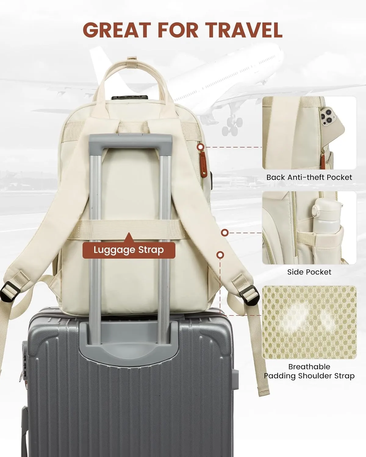 LOVEVOOK Laptop Backpack Purse for Women, Travel Anti-theft Work Bags with Lock, Business Computer Bag College backpack for Men, Casual Hiking Daypack, Fits 15.6 Inch Laptop, Beige