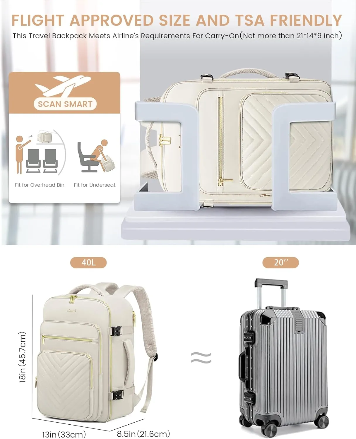 LOVEVOOK Large Travel Backpack for Women, Carry On Bag Backpack Flight Approved, 40L TSA Personal Item Travel Bag with 3 Packing Cubes, Waterproof 17 Inch Laptop Hiking Casual Bag Backpack, Beige-a