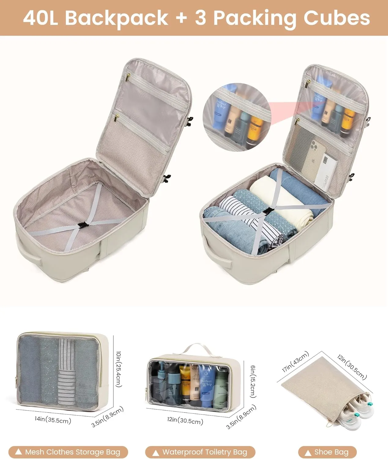 LOVEVOOK Large Travel Backpack for Women, Carry On Bag Backpack Flight Approved, 40L TSA Personal Item Travel Bag with 3 Packing Cubes, Waterproof 17 Inch Laptop Hiking Casual Bag Backpack, Beige-a