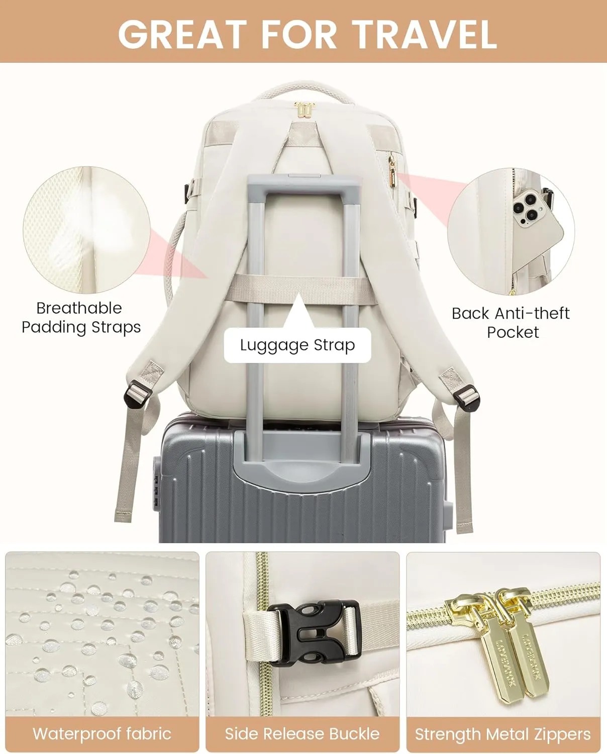 LOVEVOOK Large Travel Backpack for Women, Carry On Bag Backpack Flight Approved, 40L TSA Personal Item Travel Bag with 3 Packing Cubes, Waterproof 17 Inch Laptop Hiking Casual Bag Backpack, Beige-a