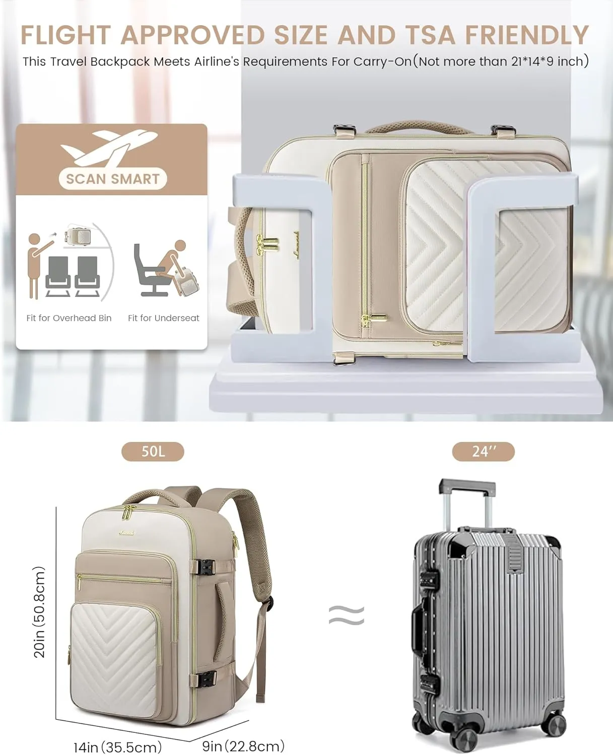 LOVEVOOK Large Travel Backpack for Women, Carry On Bag Flight Approved, 50L TSA Personal Item Travel Bag with 3 Packing Cubes, Waterproof 18 Inch Laptop Hiking Casual Backpack