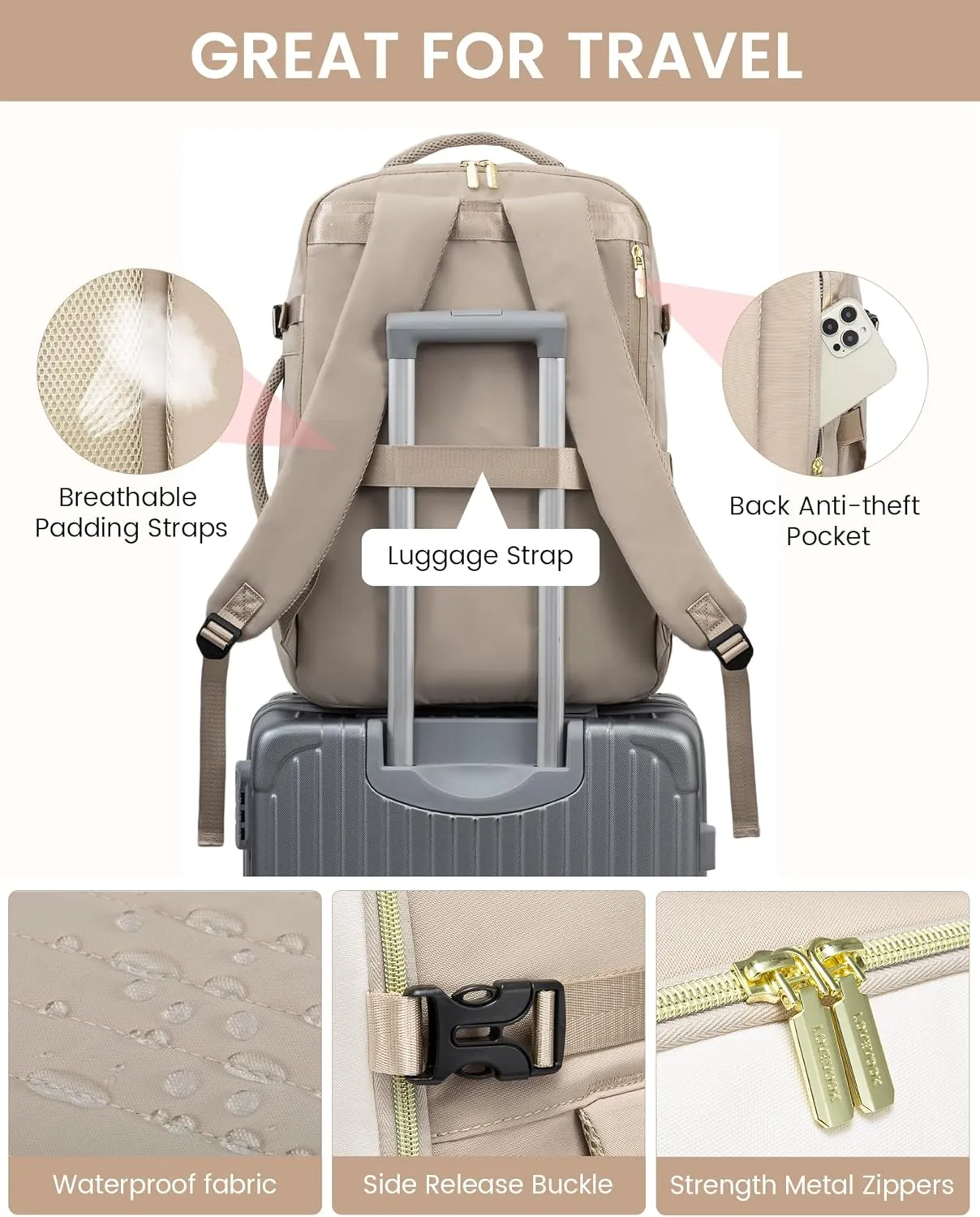 LOVEVOOK Large Travel Backpack for Women, Carry On Bag Flight Approved, 50L TSA Personal Item Travel Bag with 3 Packing Cubes, Waterproof 18 Inch Laptop Hiking Casual Backpack