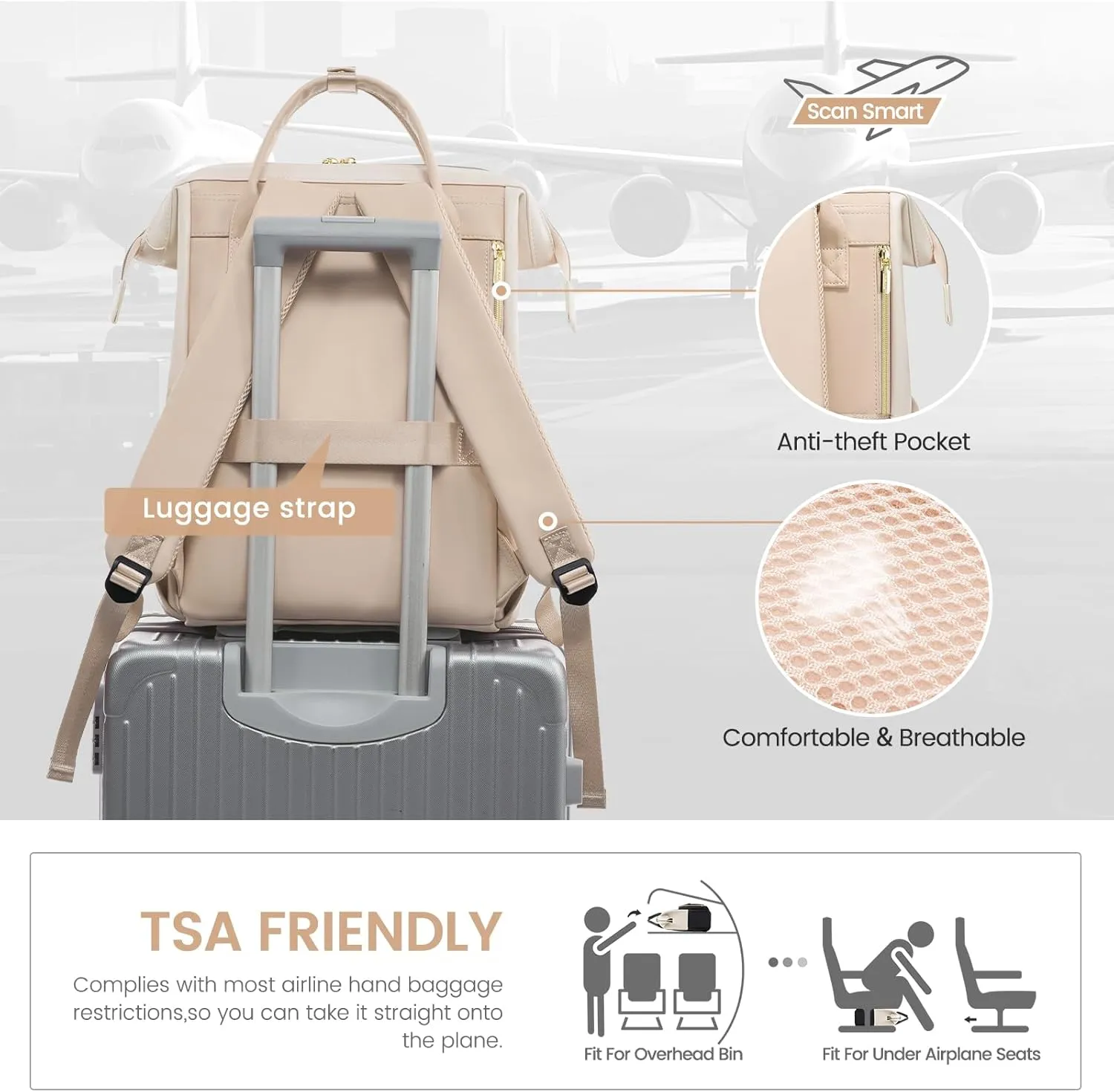 LOVEVOOK Leather Backpack for Women, 15.6 inch Laptop Backpack, Professional Work & Travel Bag, Beige-Flesh Beige