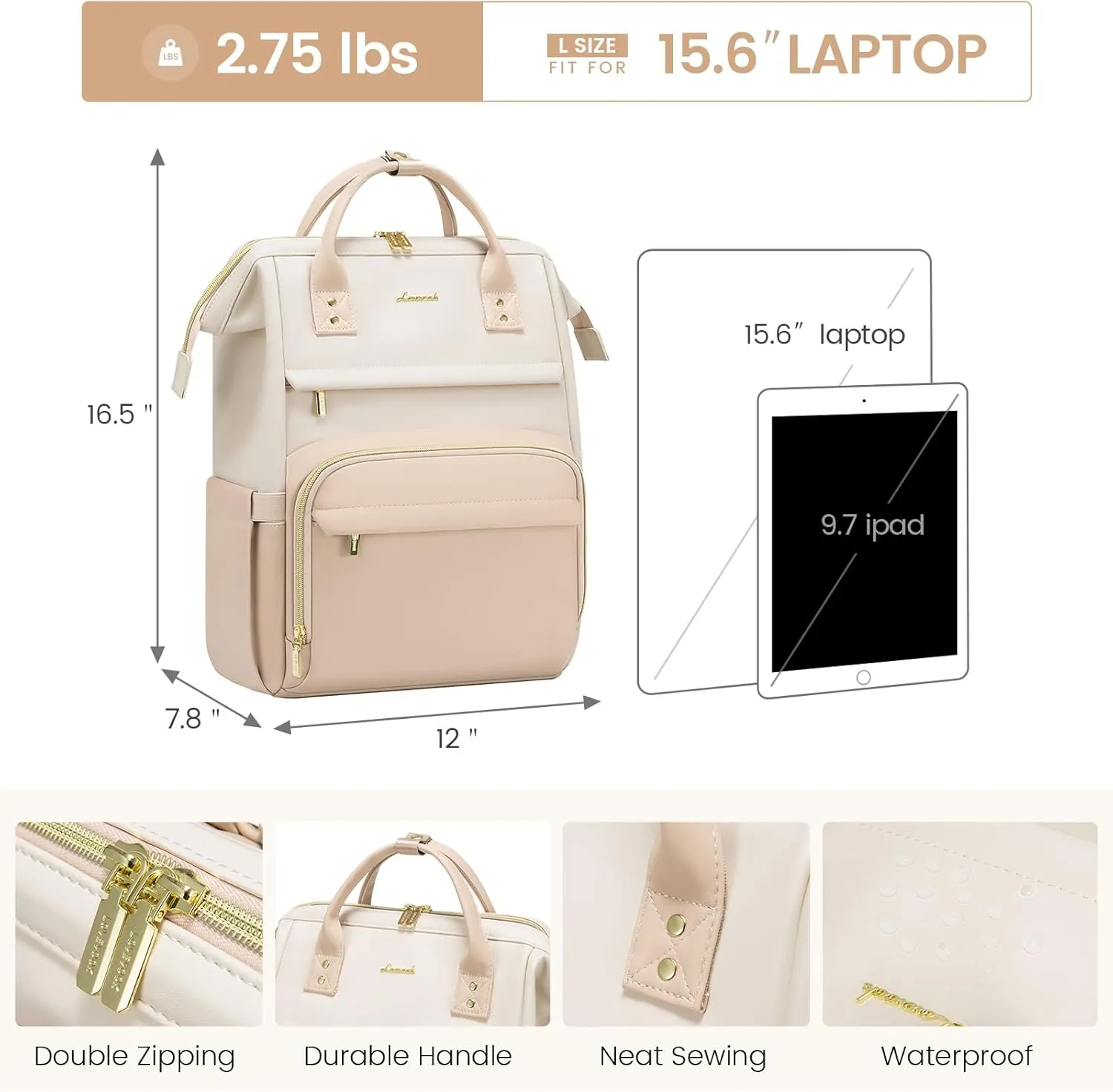 LOVEVOOK Leather Backpack for Women, 15.6 inch Laptop Backpack, Professional Work & Travel Bag, Beige-Flesh Beige