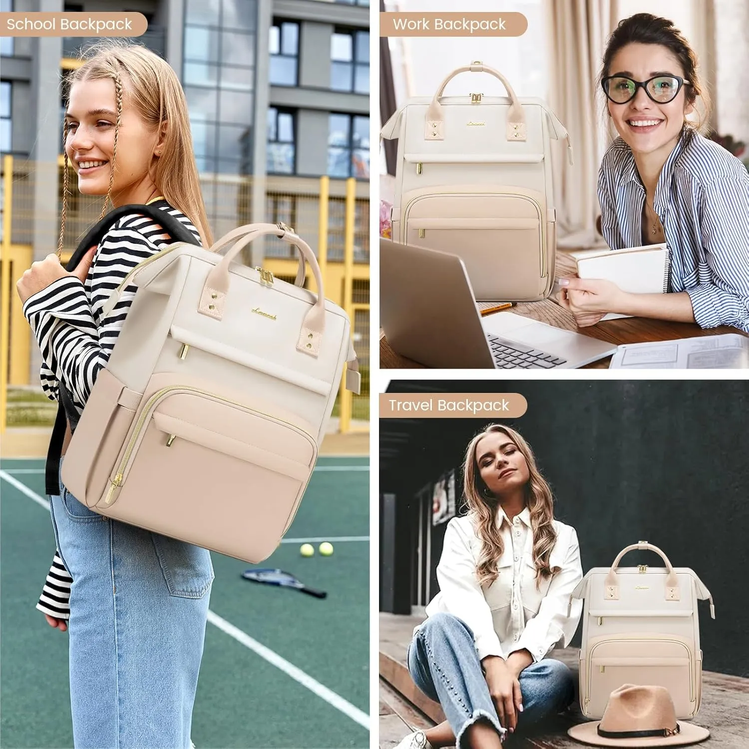 LOVEVOOK Leather Backpack for Women, 15.6 inch Laptop Backpack, Professional Work & Travel Bag, Beige-Flesh Beige