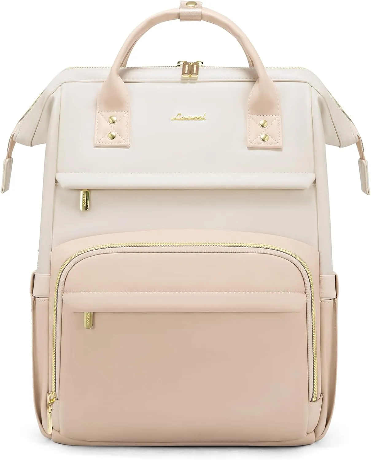 LOVEVOOK Leather Backpack for Women, 15.6 inch Laptop Backpack, Professional Work & Travel Bag, Beige-Flesh Beige
