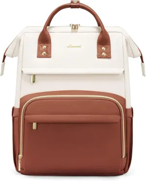 LOVEVOOK Leather Backpack for Women, 15.6 inch Laptop Backpack, Professional Work & Travel Bag, Women's Laptop Tote, Beige White-Brown