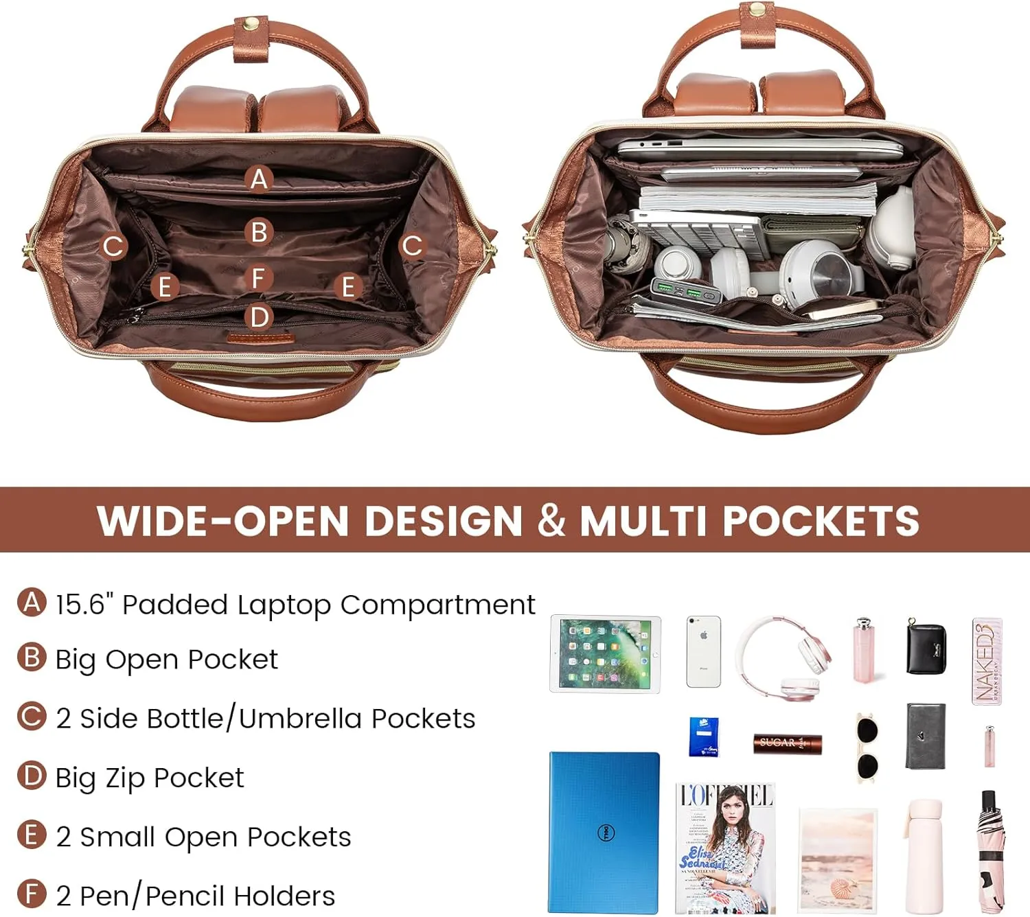 LOVEVOOK Leather Backpack for Women, 15.6 inch Laptop Backpack, Professional Work & Travel Bag, Women's Laptop Tote, Beige White-Brown