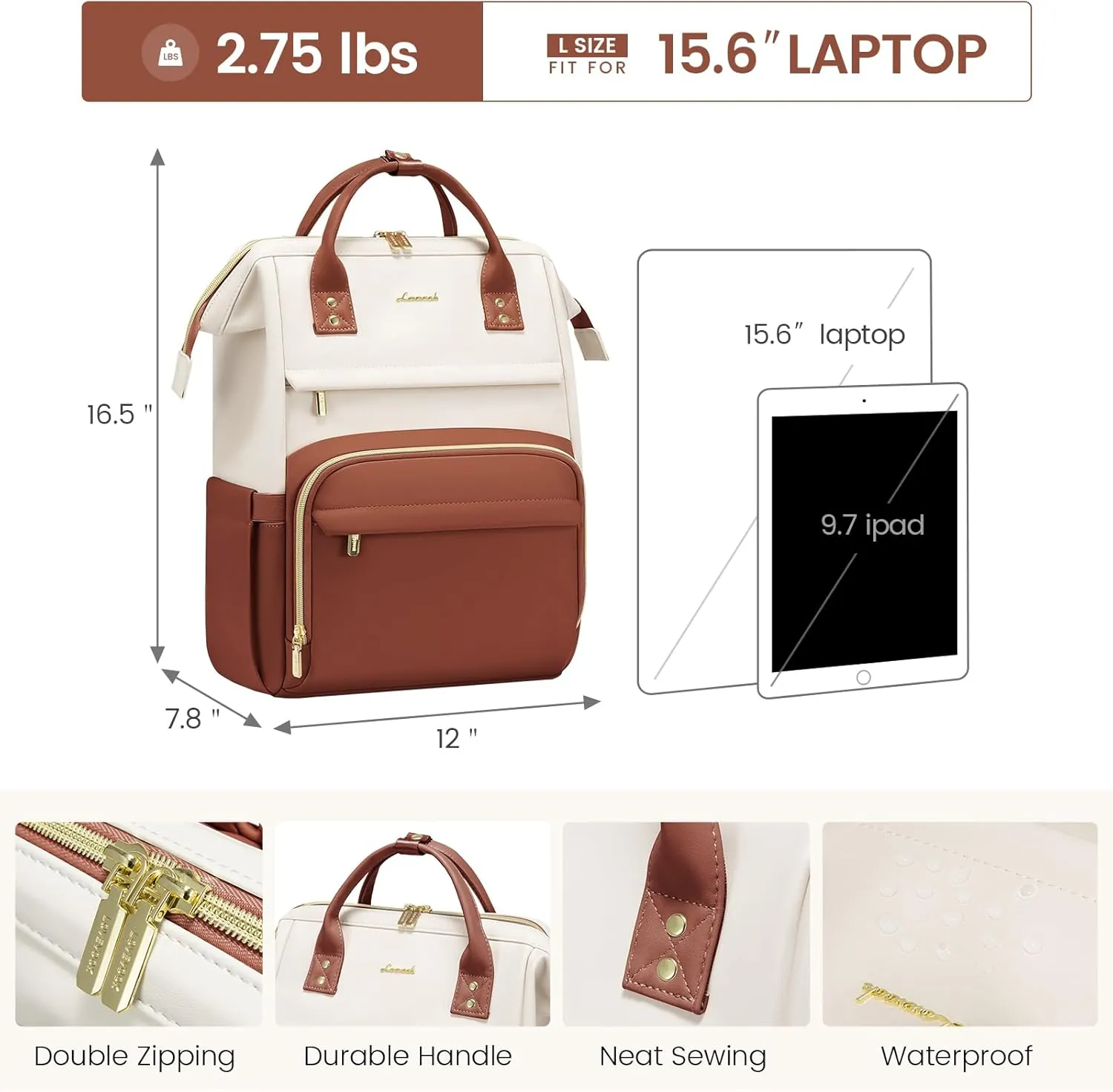 LOVEVOOK Leather Backpack for Women, 15.6 inch Laptop Backpack, Professional Work & Travel Bag, Women's Laptop Tote, Beige White-Brown