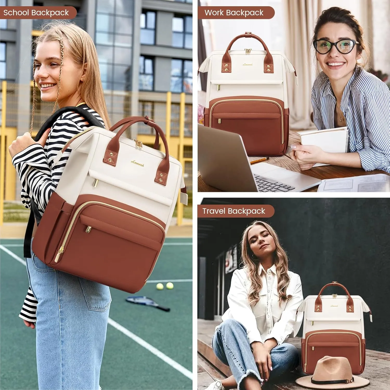 LOVEVOOK Leather Backpack for Women, 15.6 inch Laptop Backpack, Professional Work & Travel Bag, Women's Laptop Tote, Beige White-Brown