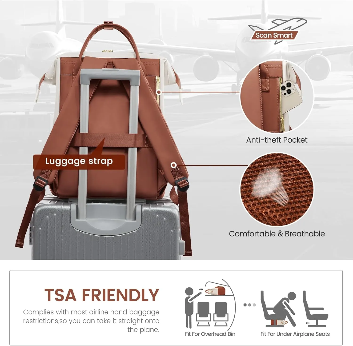 LOVEVOOK Leather Backpack for Women, 15.6 inch Laptop Backpack, Professional Work & Travel Bag, Women's Laptop Tote, Beige White-Brown