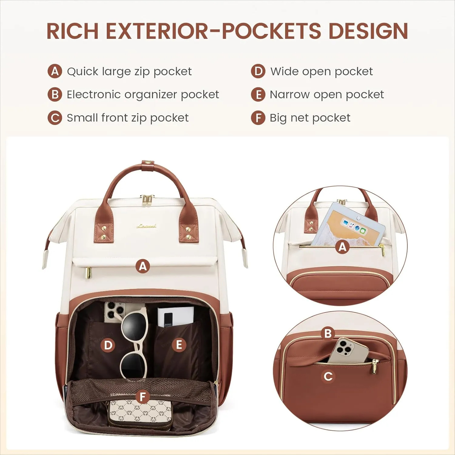 LOVEVOOK Leather Backpack for Women, 15.6 inch Laptop Backpack, Professional Work & Travel Bag, Women's Laptop Tote, Beige White-Brown