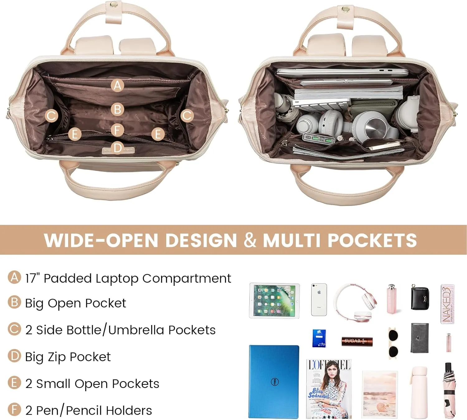 LOVEVOOK Leather Backpack for Women, 17 inch Laptop Backpack, Professional Work & Travel Bag, Beige-Flesh Beige