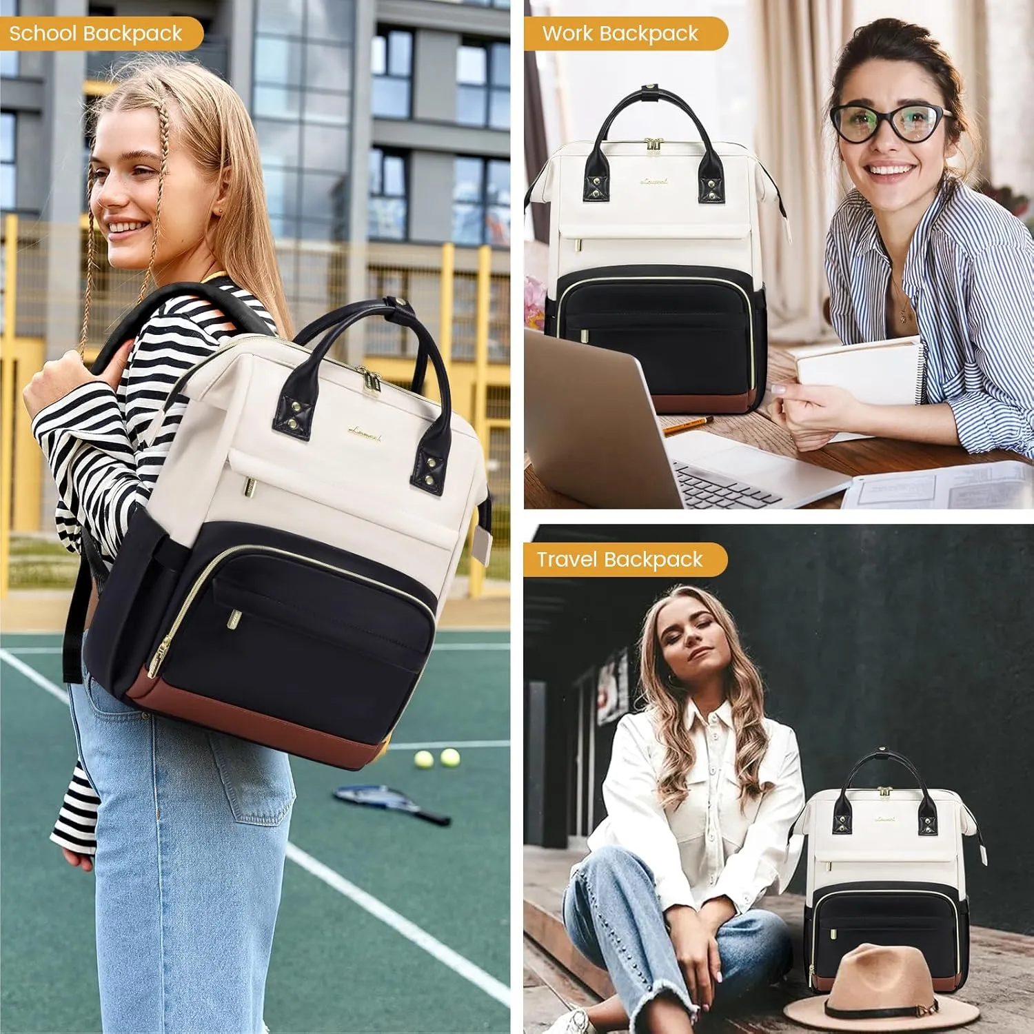 LOVEVOOK Leather Backpack for Women,18 inch Leather Laptop Backpacks Women,Professional Work Backpacks Nurse College Teacher Bag,Womens Laptop Tote Bag Computer Travel Backpack,Beige White-Black-Brown