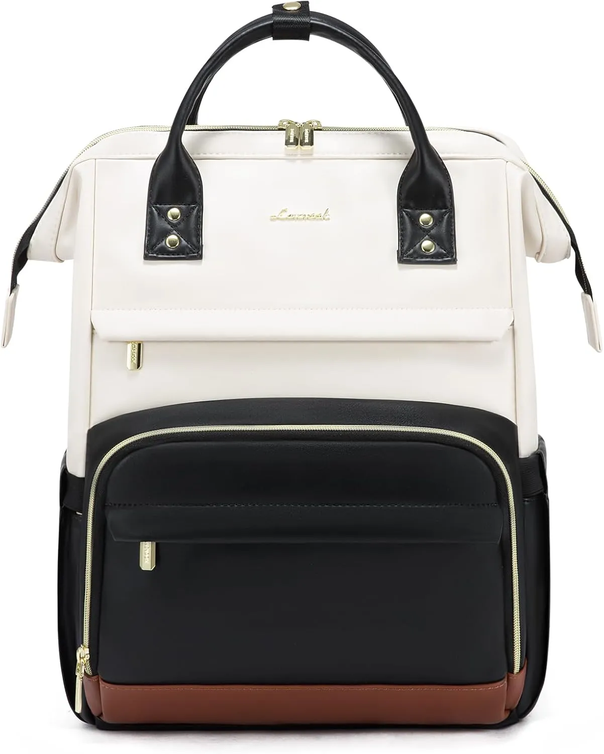 LOVEVOOK Leather Backpack for Women,18 inch Leather Laptop Backpacks Women,Professional Work Backpacks Nurse College Teacher Bag,Womens Laptop Tote Bag Computer Travel Backpack,Beige White-Black-Brown