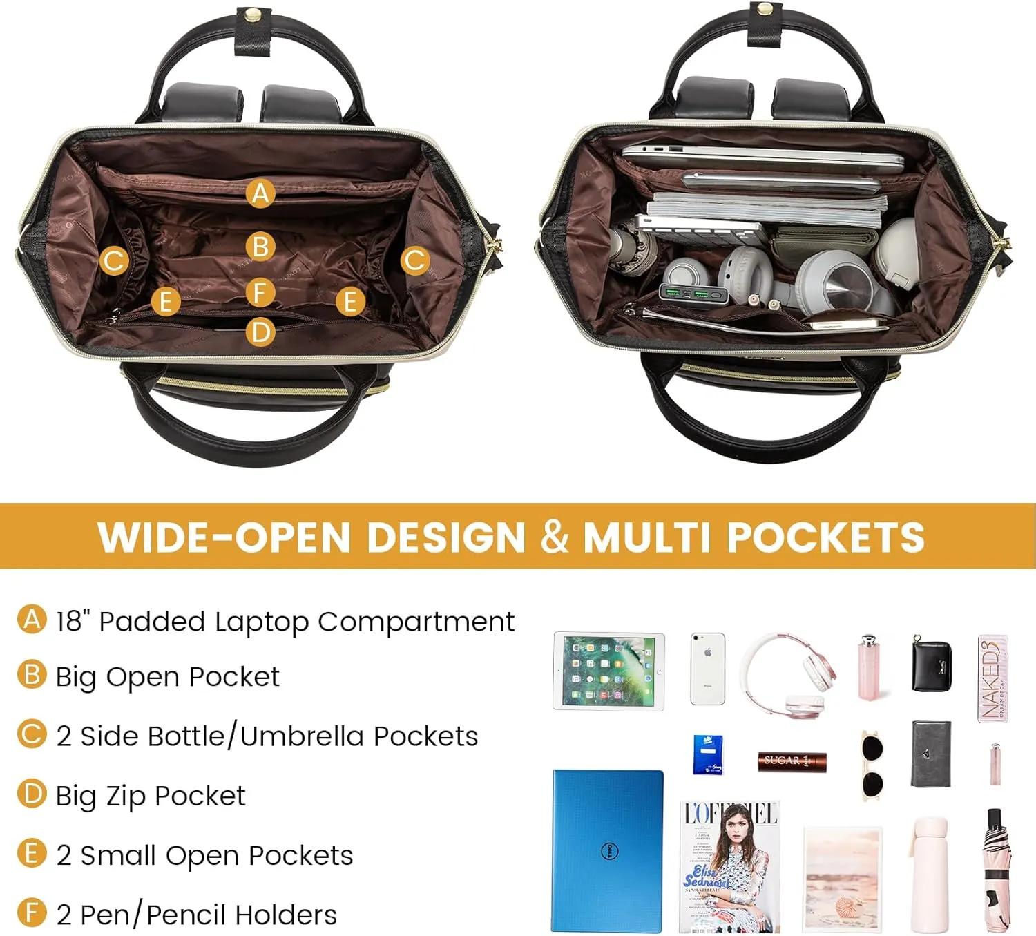 LOVEVOOK Leather Backpack for Women,18 inch Leather Laptop Backpacks Women,Professional Work Backpacks Nurse College Teacher Bag,Womens Laptop Tote Bag Computer Travel Backpack,Beige White-Black-Brown