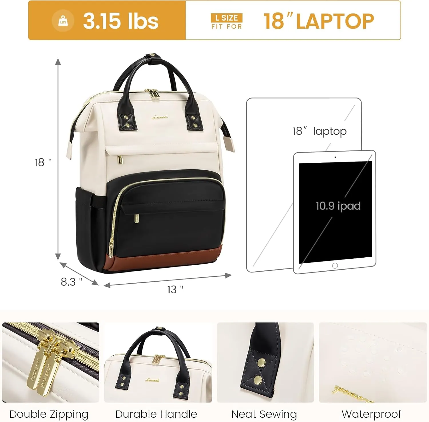 LOVEVOOK Leather Backpack for Women,18 inch Leather Laptop Backpacks Women,Professional Work Backpacks Nurse College Teacher Bag,Womens Laptop Tote Bag Computer Travel Backpack,Beige White-Black-Brown