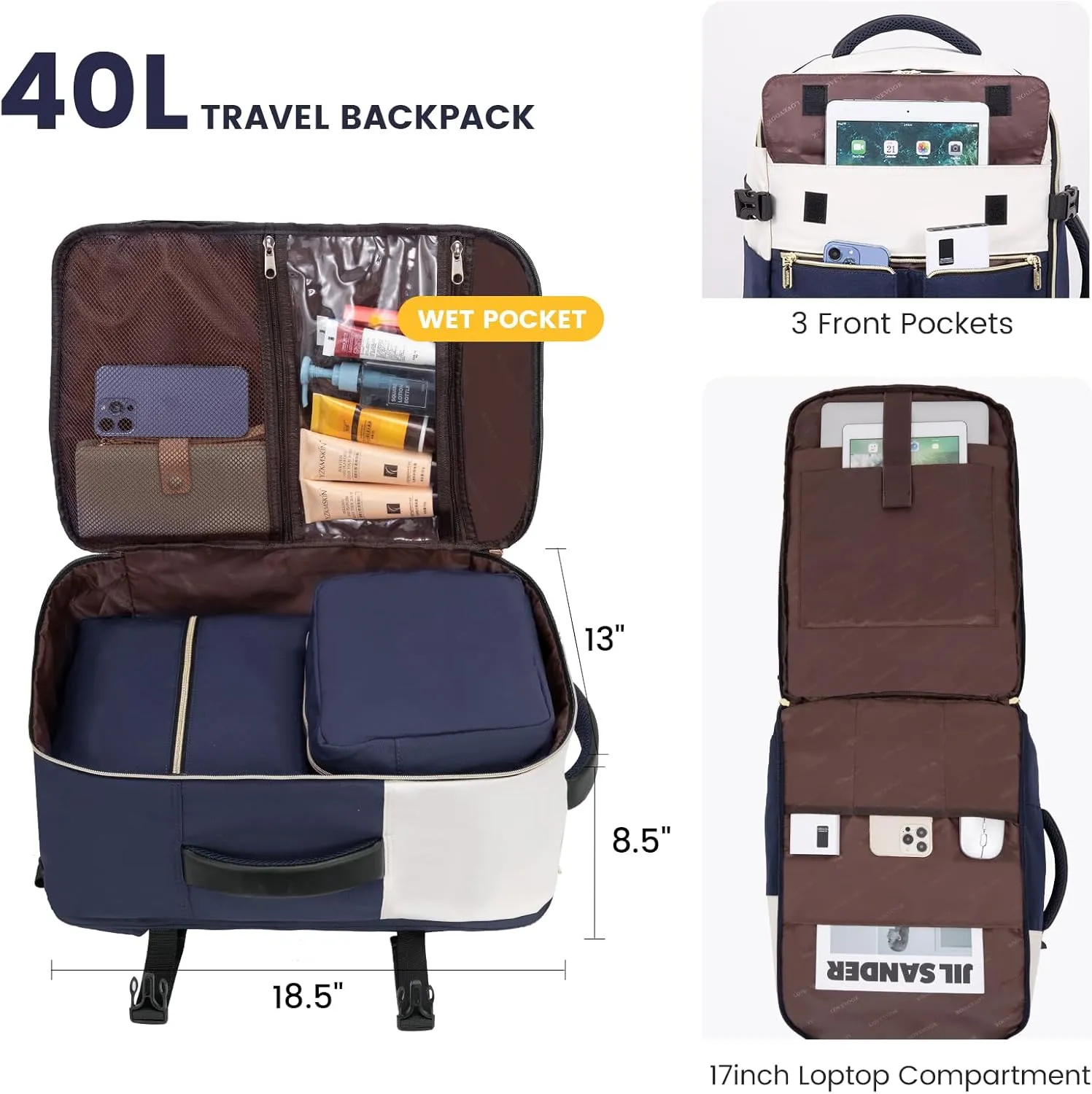 LOVEVOOK Travel Backpack, Carry On Backpack for Women, 40L Flight Approved Personal Item Backpack, Large Water Resistant Luggage Daypack with 3 Packing Cubes, fits 17inch Laptop, Beige-Blue-Black