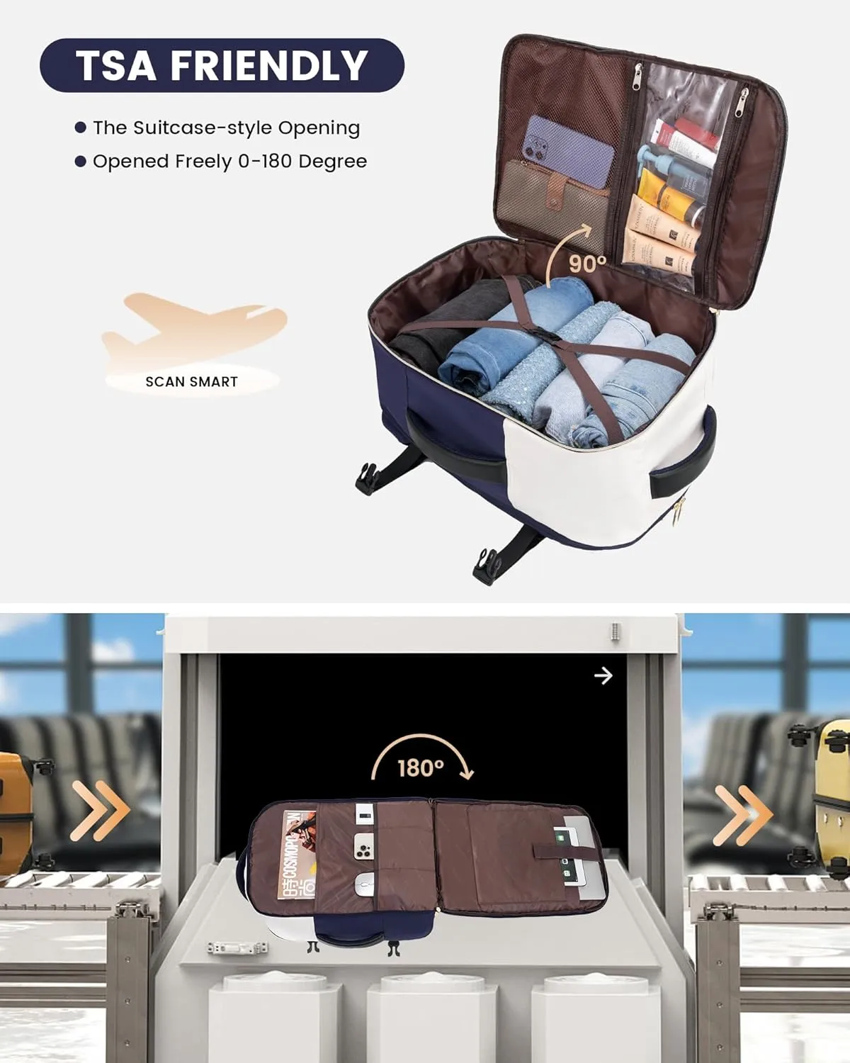 LOVEVOOK Travel Backpack, Carry On Backpack for Women, 40L Flight Approved Personal Item Backpack, Large Water Resistant Luggage Daypack with 3 Packing Cubes, fits 17inch Laptop, Beige-Blue-Black