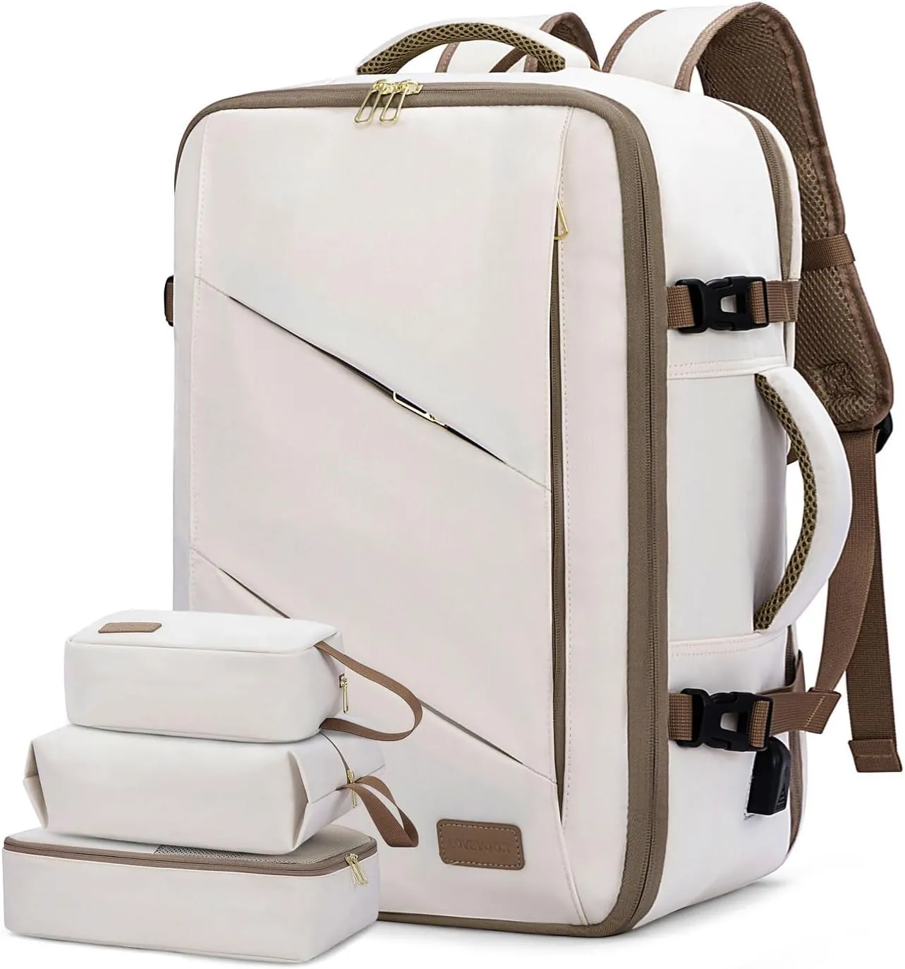 LOVEVOOK Travel Backpack for Women, 17 Inch Laptop as Person Item Backpack, Carry on Backpack Flight Approved with 3 Packing Cubes,Waterproof Casual Backpack, Beige-Khaki(4Pcs Set)