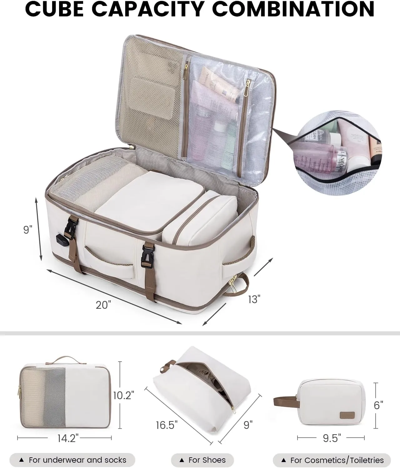 LOVEVOOK Travel Backpack for Women, 17 Inch Laptop as Person Item Backpack, Carry on Backpack Flight Approved with 3 Packing Cubes,Waterproof Casual Backpack, Beige-Khaki(4Pcs Set)