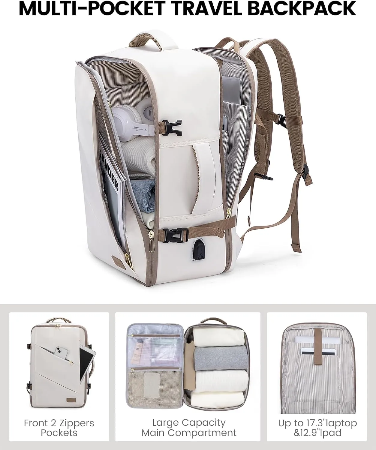 LOVEVOOK Travel Backpack for Women, 17 Inch Laptop as Person Item Backpack, Carry on Backpack Flight Approved with 3 Packing Cubes,Waterproof Casual Backpack, Beige-Khaki(4Pcs Set)