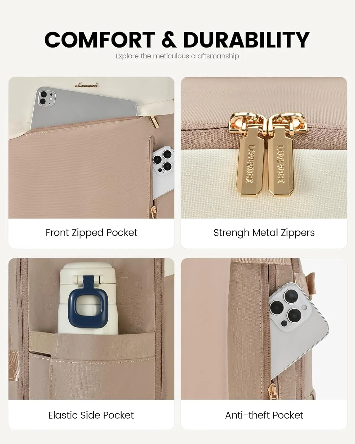 LOVEVOOK Travel Backpack For Women, 40L Carry On Backpack, Flight Approved Personal Item Travel Bag, Lightweight Daypack Weekender Bag Fits 17" Laptop With 3 Cubes, Apricot-Beige-Coffee