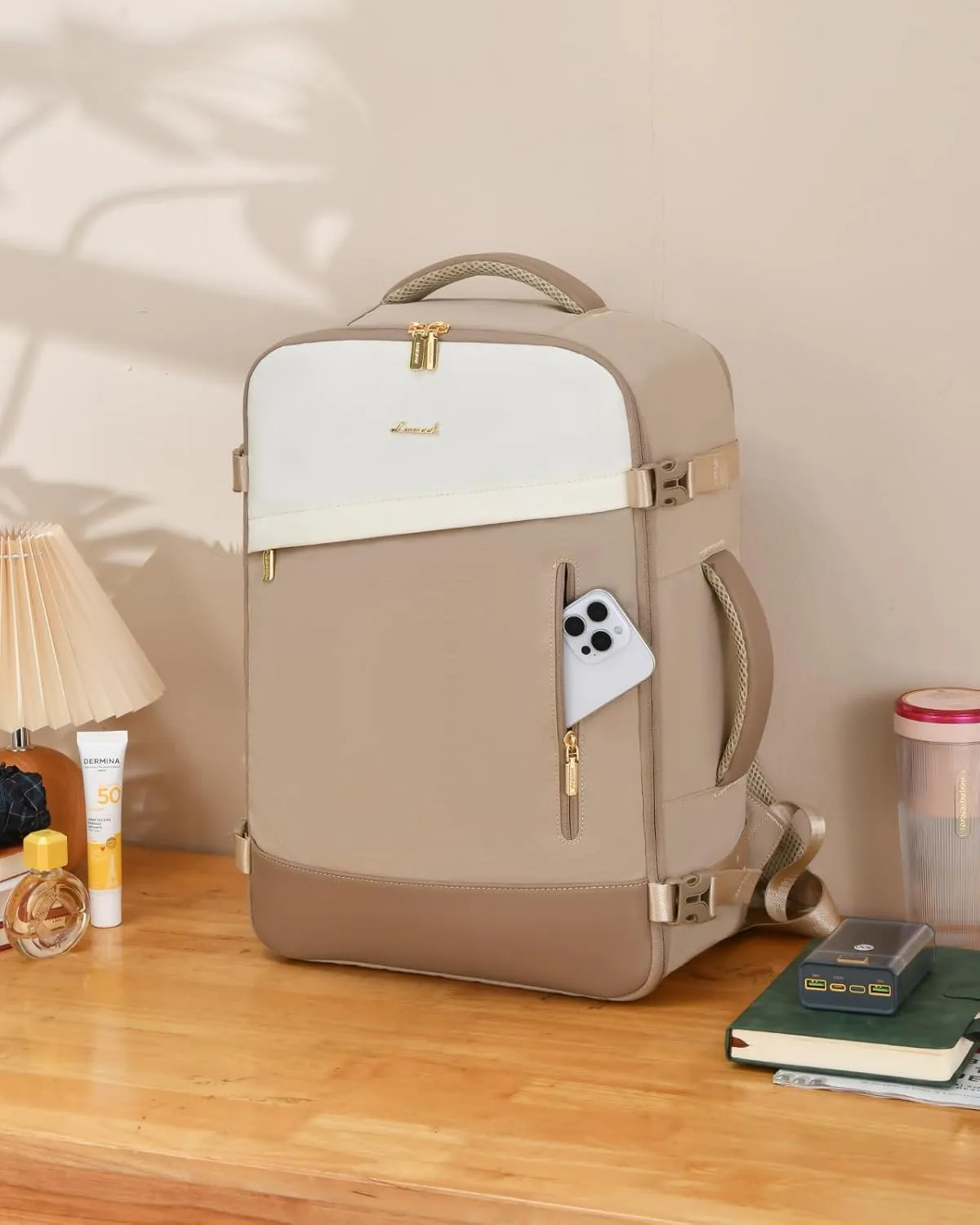 LOVEVOOK Travel Backpack For Women, 40L Carry On Backpack, Flight Approved Personal Item Travel Bag, Lightweight Daypack Weekender Bag Fits 17" Laptop With 3 Cubes, Apricot-Beige-Coffee