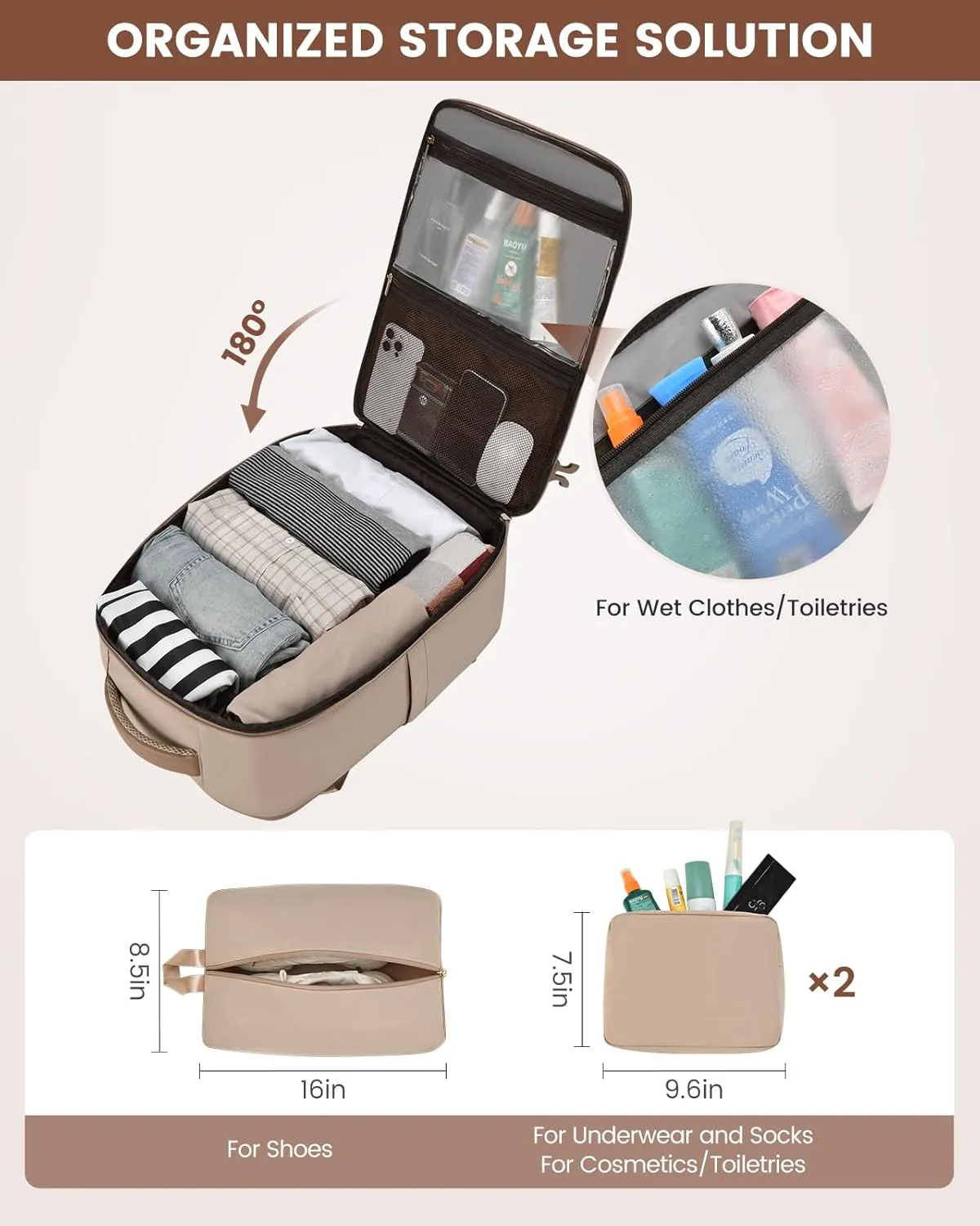 LOVEVOOK Travel Backpack For Women, 40L Carry On Backpack, Flight Approved Personal Item Travel Bag, Lightweight Daypack Weekender Bag Fits 17" Laptop With 3 Cubes, Apricot-Beige-Coffee