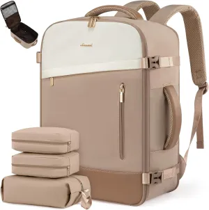 LOVEVOOK Travel Backpack For Women, 40L Carry On Backpack, Flight Approved Personal Item Travel Bag, Lightweight Daypack Weekender Bag Fits 17" Laptop With 3 Cubes, Apricot-Beige-Coffee