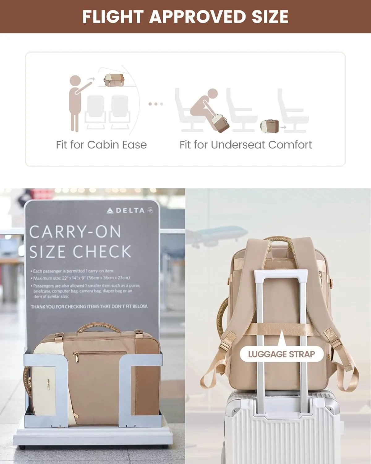 LOVEVOOK Travel Backpack For Women, 40L Carry On Backpack, Flight Approved Personal Item Travel Bag, Lightweight Daypack Weekender Bag Fits 17" Laptop With 3 Cubes, Apricot-Beige-Coffee