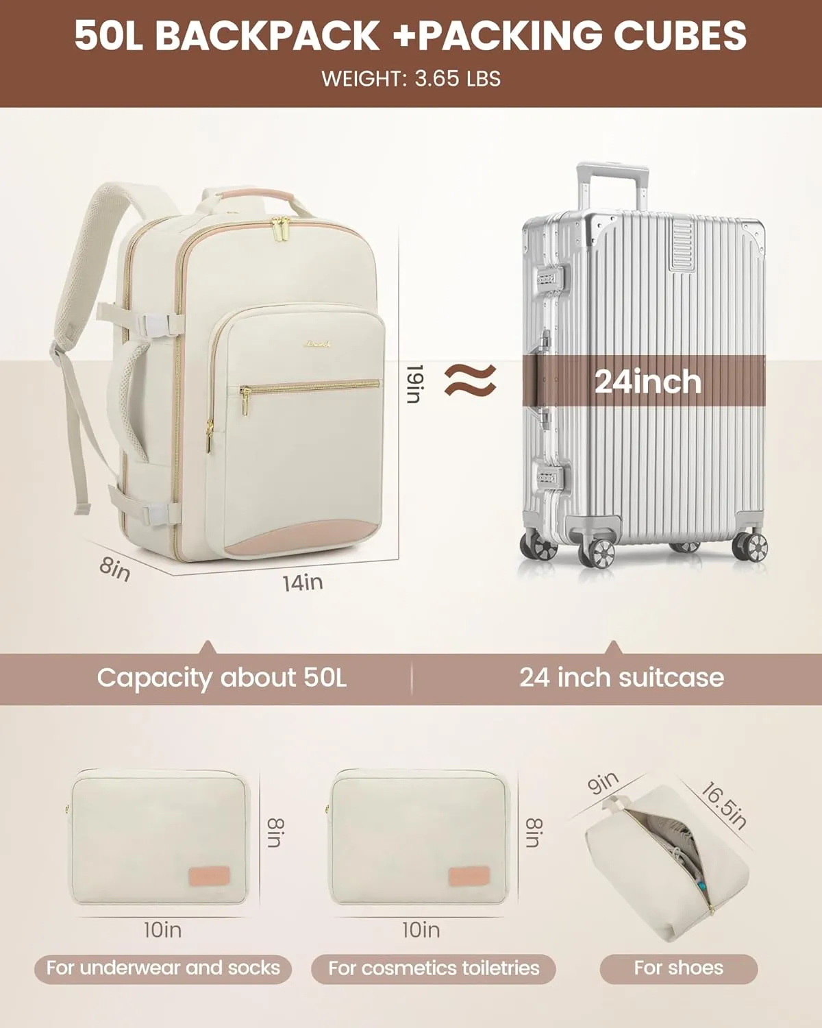 LOVEVOOK Travel Backpack for Women, 50L Personal Item Backpacks Flight Approved with 3 Packing Cubes, Water Resistant Carry on Backpack Luggage Daypack Business Weekender Bag, Beige-Flesh beige