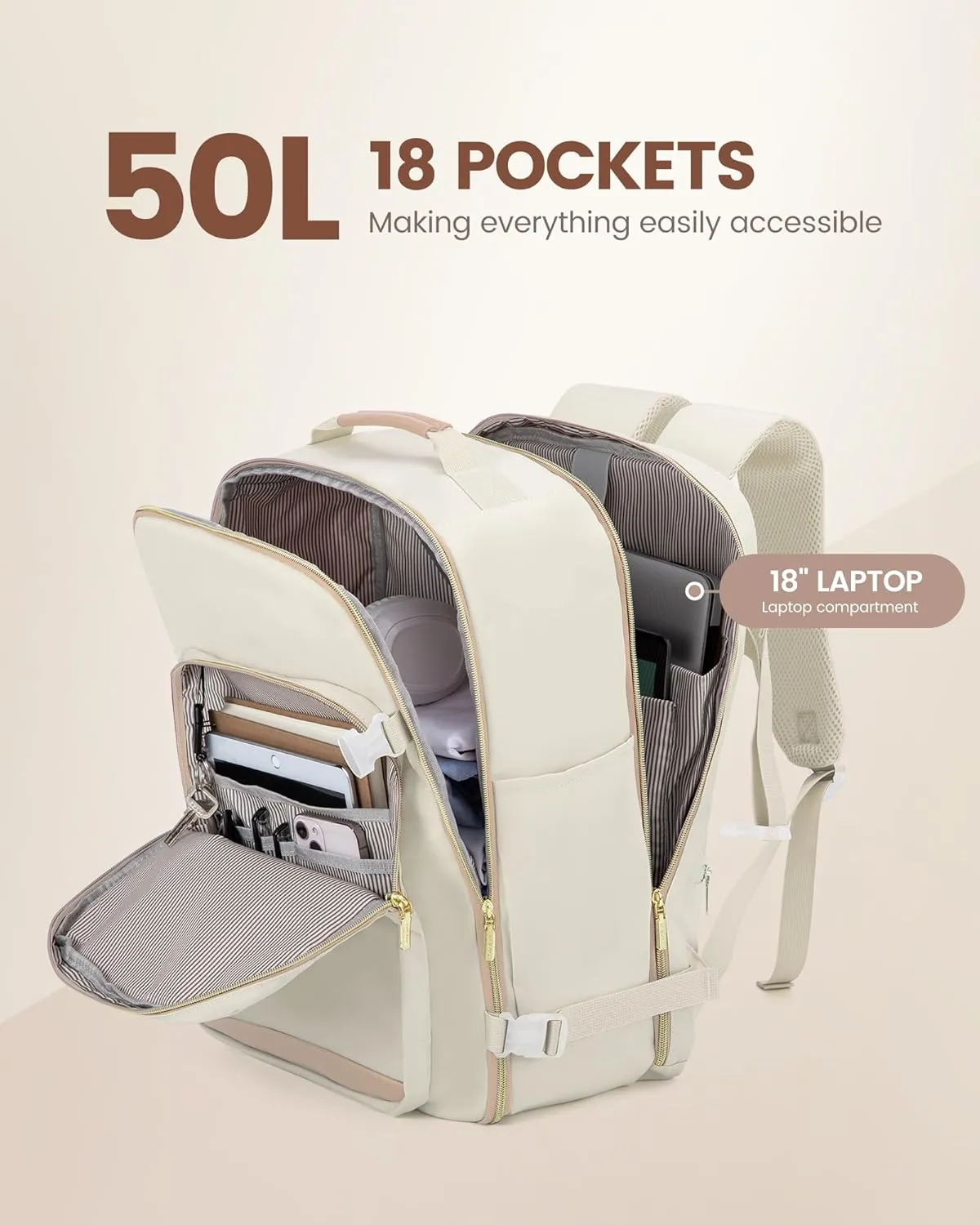 LOVEVOOK Travel Backpack for Women, 50L Personal Item Backpacks Flight Approved with 3 Packing Cubes, Water Resistant Carry on Backpack Luggage Daypack Business Weekender Bag, Beige-Flesh beige