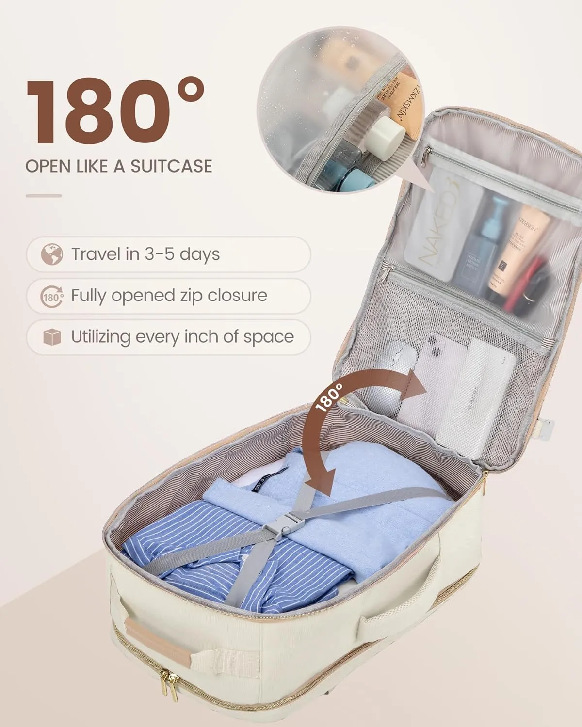 LOVEVOOK Travel Backpack for Women, 50L Personal Item Backpacks Flight Approved with 3 Packing Cubes, Water Resistant Carry on Backpack Luggage Daypack Business Weekender Bag, Beige-Flesh beige