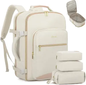 LOVEVOOK Travel Backpack for Women, 50L Personal Item Backpacks Flight Approved with 3 Packing Cubes, Water Resistant Carry on Backpack Luggage Daypack Business Weekender Bag, Beige-Flesh beige