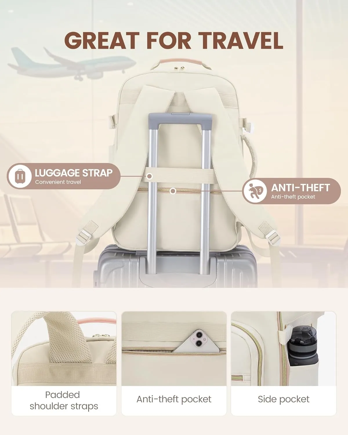 LOVEVOOK Travel Backpack for Women, 50L Personal Item Backpacks Flight Approved with 3 Packing Cubes, Water Resistant Carry on Backpack Luggage Daypack Business Weekender Bag, Beige-Flesh beige